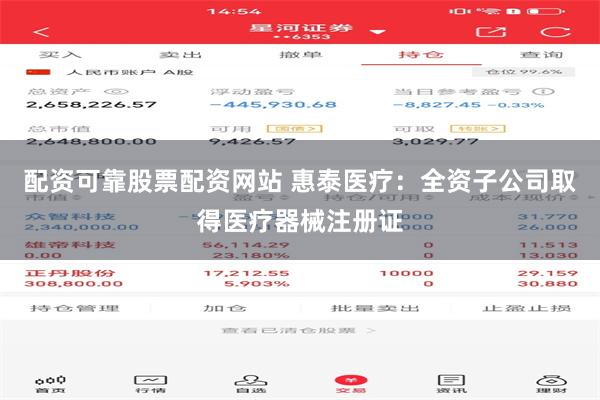 配资可靠股票配资网站 惠泰医疗：全资子公司取得医疗器械注册证
